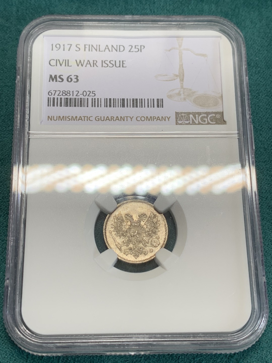 《竞宝斋》第159场-周日，周一 2场 (全场包邮) NGC-MS63 芬兰1917年 双头鹰25P银币 好品