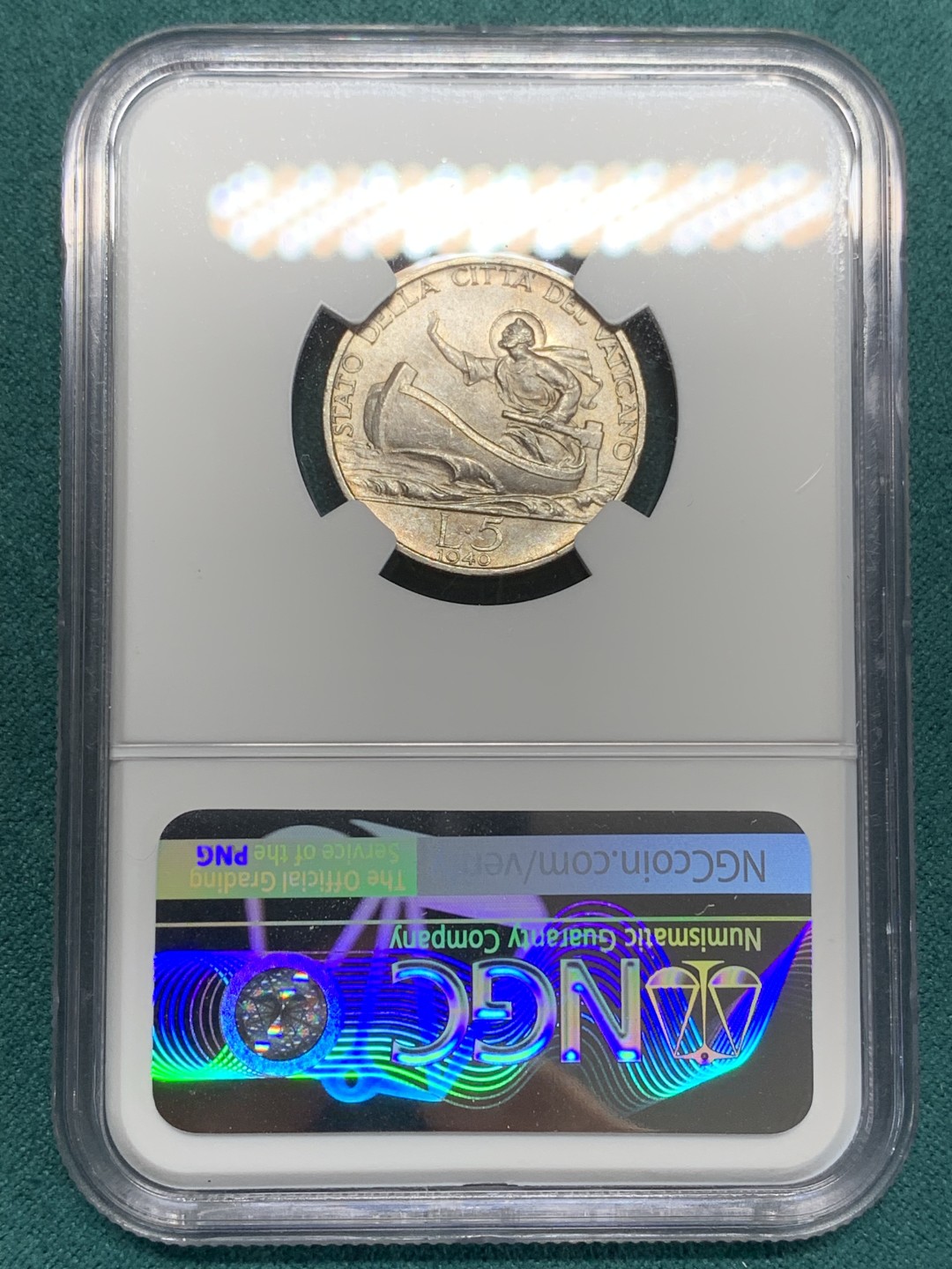 《竞宝斋》第159场-周日，周一 2场 (全场包邮) NGC-MS64梵蒂冈1940年5里拉银币 这品种能过63分真的不容易