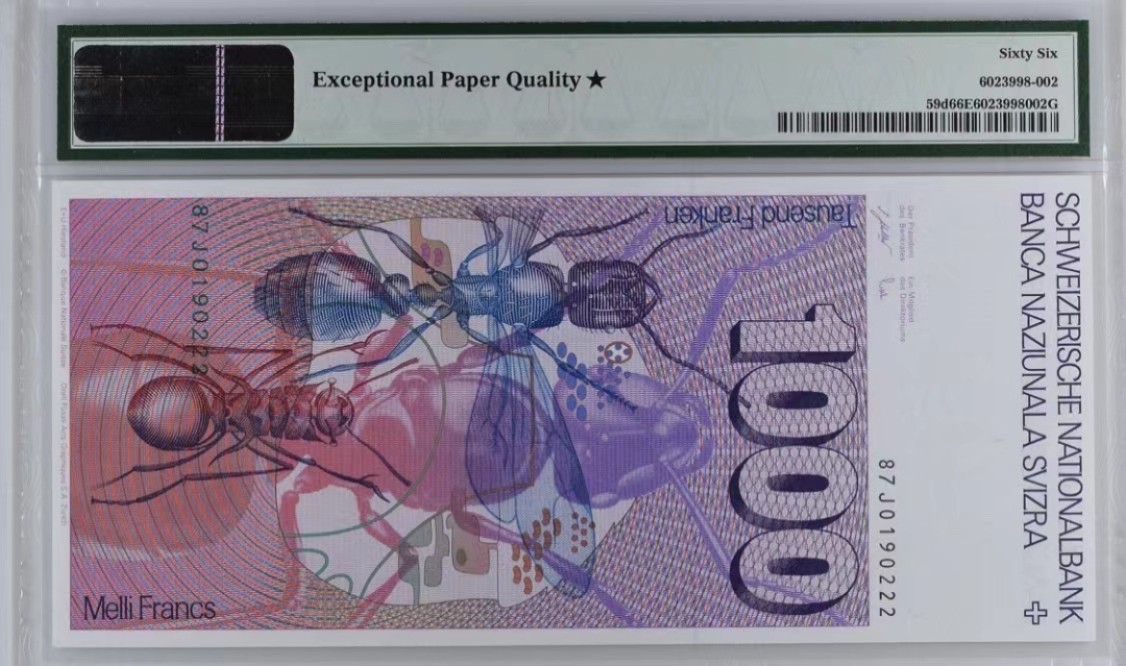 收藏联盟Quantum Auction 第254期拍卖  瑞士1987年1000法郎 PMG66无3457 豹子号加星 大蚂蚁
