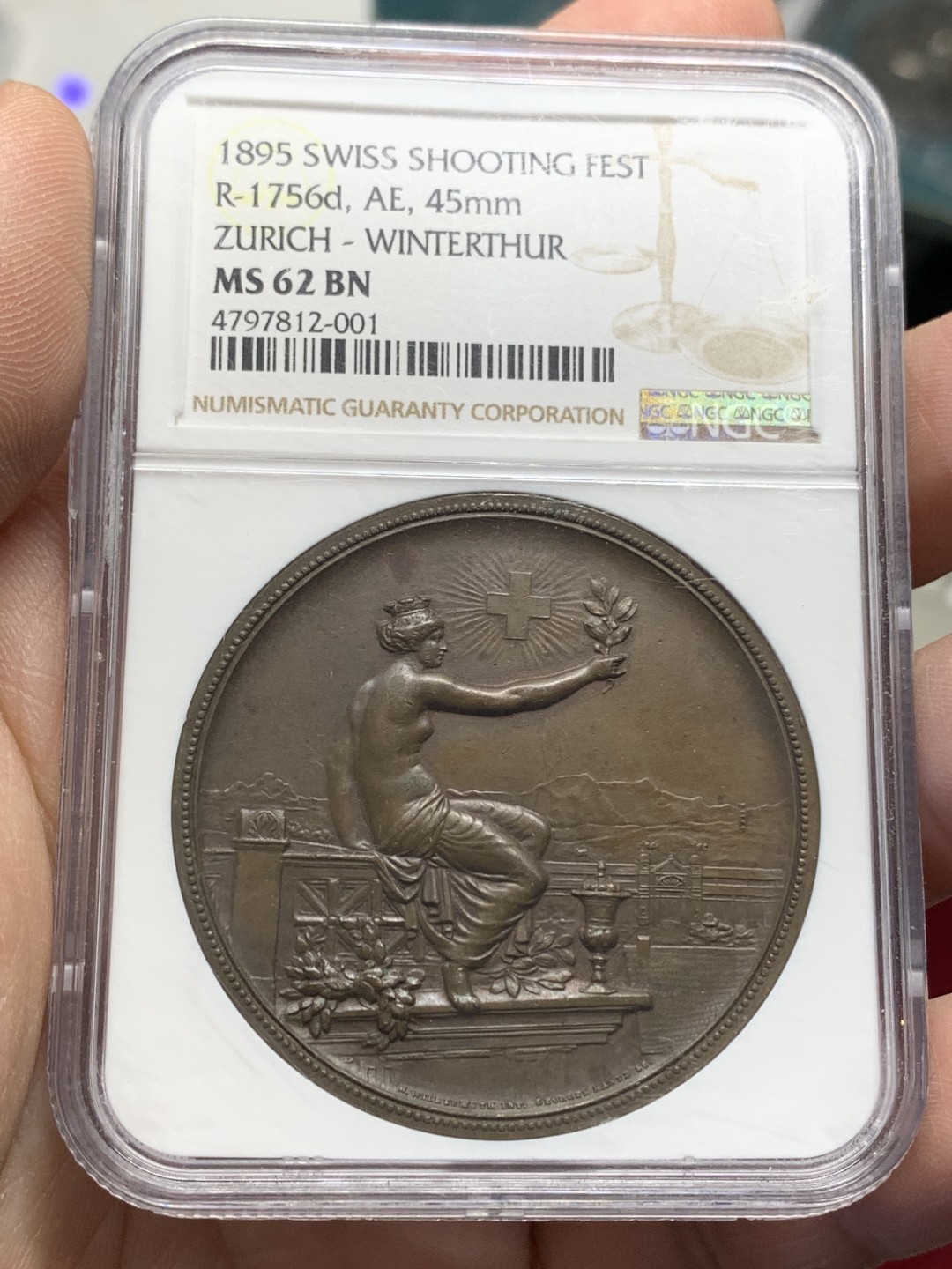 《竞宝斋》第159场-周日，周一 2场 (全场包邮) NGC-MS62 1895年 瑞士温图尔特射击节铜章 45mm满盒大铜，手感厚重。刻画精美的拿花女神