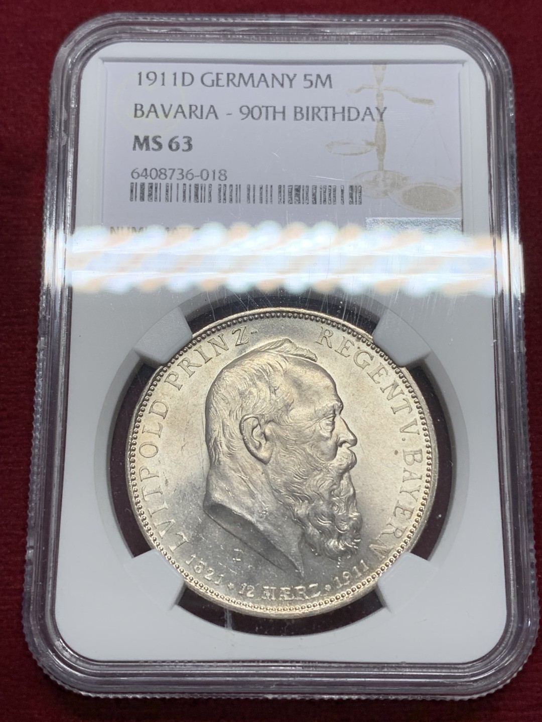 《竞宝斋》第159场-周日，周一 2场 (全场包邮) NGC-MS63 德国 1911年 5马克 大银币 巴伐利亚  摄政王90大寿纪念银币 细节完美 高分难得 鹰面64水平