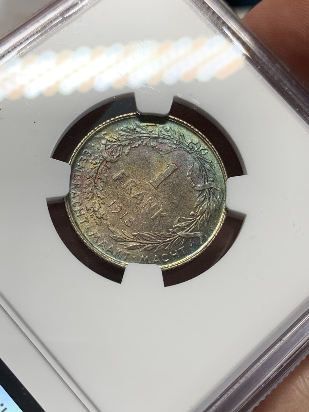 《竞宝斋》第159场-周日，周一 2场 (全场包邮) NGC-MS62 比利时1913年 埃尔佩托国王 1法郎银币 原味带包浆