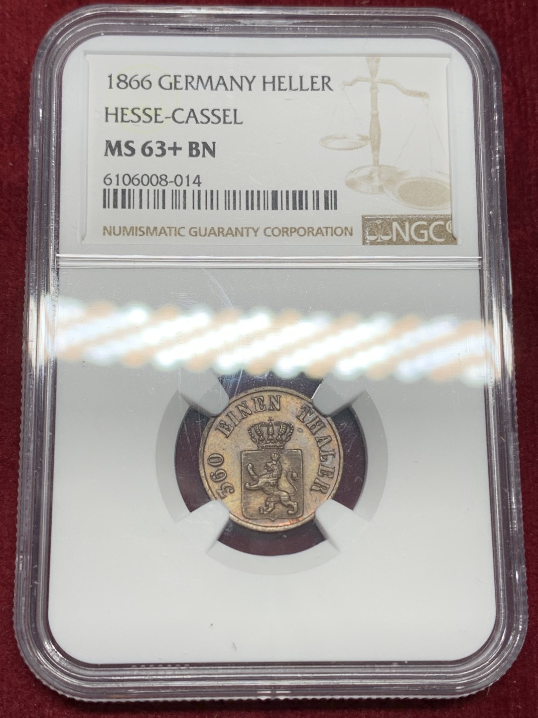 《竞宝斋》第159场-周日，周一 2场 (全场包邮) NGC MS63+ 德国黑森卡塞尔 1866年 1赫勒 少见小邦铜币