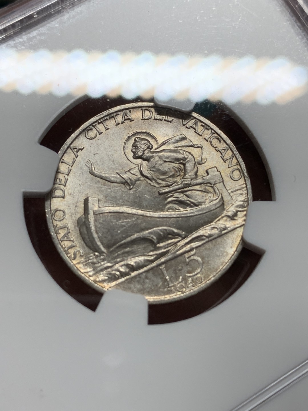 《竞宝斋》第159场-周日，周一 2场 (全场包邮) NGC-MS64梵蒂冈1940年5里拉银币 这品种能过63分真的不容易