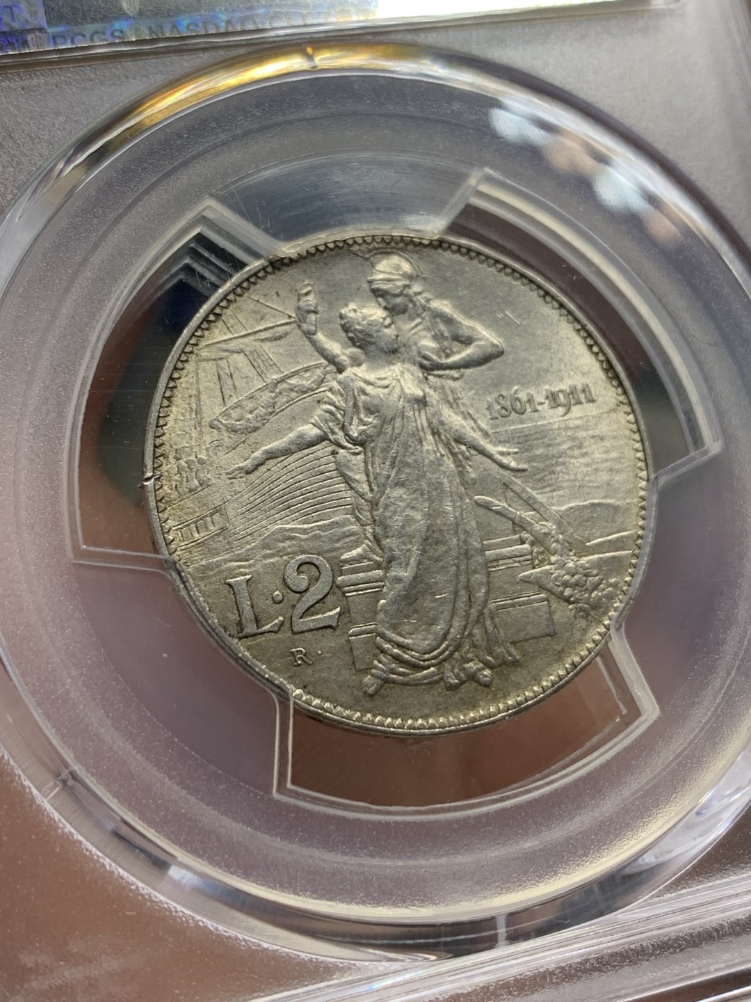 《竞宝斋》第159场-周日，周一 2场 (全场包邮) PCGS-AU58 意大利 1911年 建国50周年纪念2里拉银币，银托奶 双女神的经典设计 托奶银里拉，意系热门。光度上佳，细节不输N盒MS