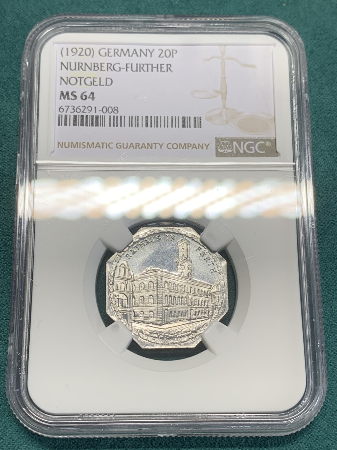 《竞宝斋》第159场-周日，周一 2场 (全场包邮) NGC-MS64 德国紧急状态时期纽伦堡币 1920年 景观不错