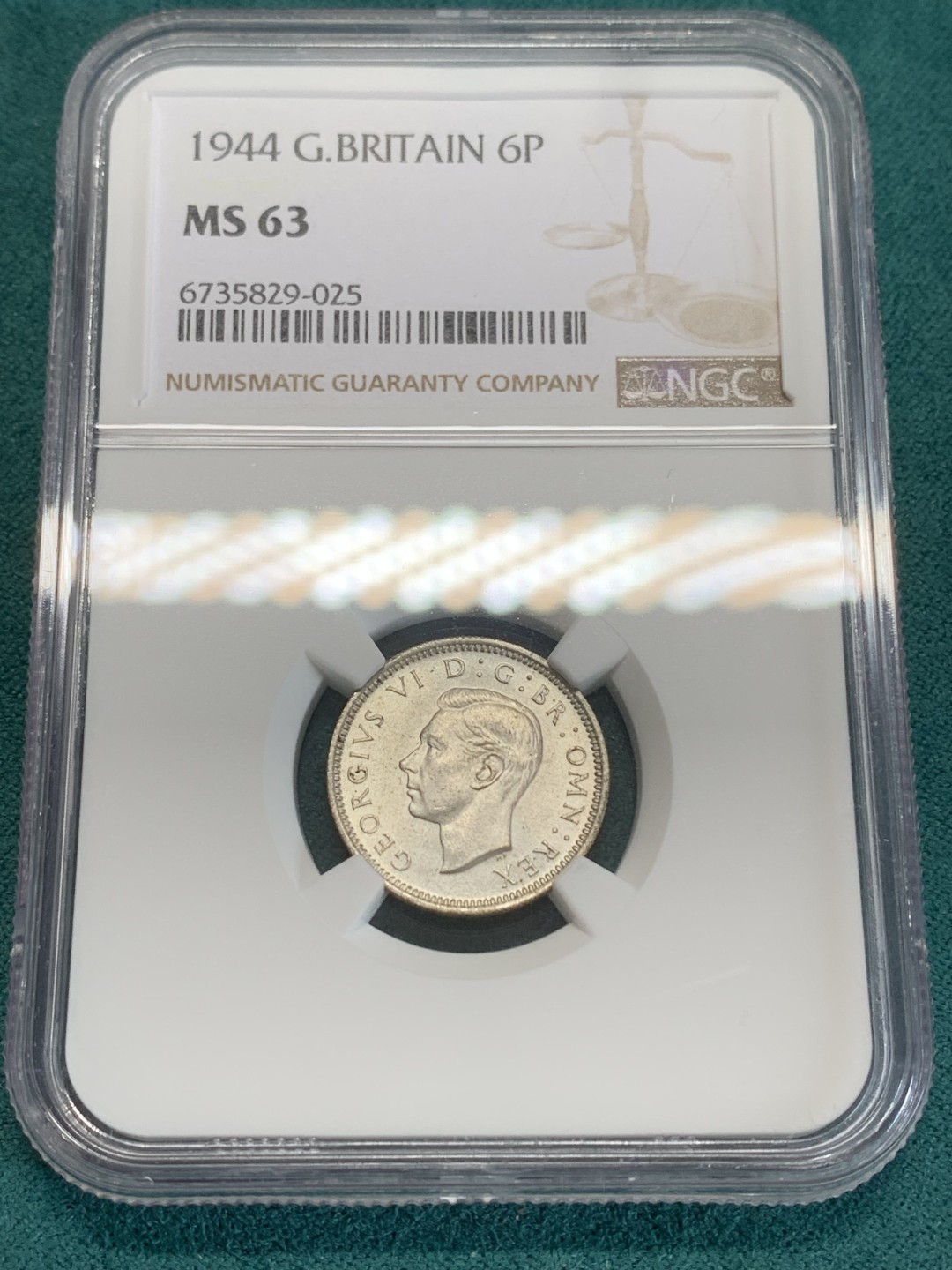 《竞宝斋》第159场-周日，周一 2场 (全场包邮) NGC-MS63 英国1944年 乔六6便士银币