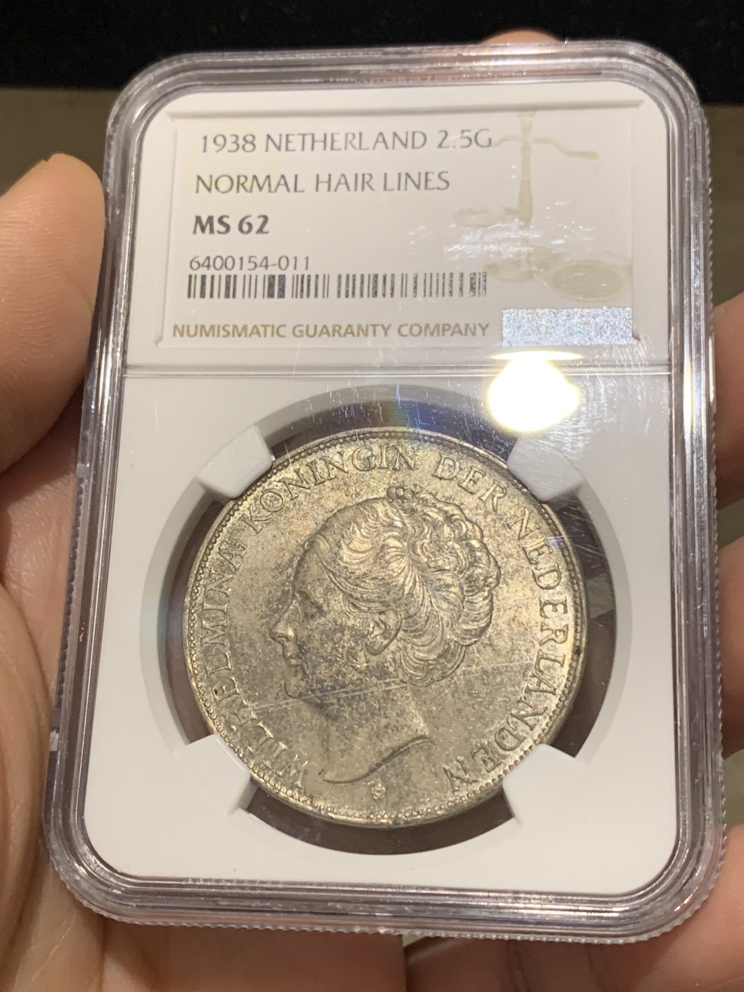 《竞宝斋》第159场-周日，周一 2场 (全场包邮) NGC MS62 1938年荷兰女王威廉明娜2.5盾银币