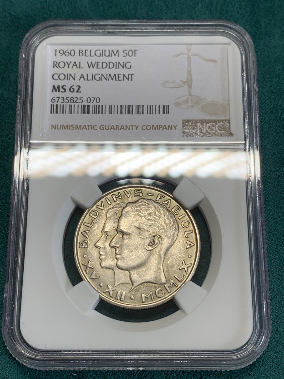 《竞宝斋》第159场-周日，周一 2场 (全场包邮) NGC-MS62 比利时1960年 皇家金婚 50法郎银币 状态难得