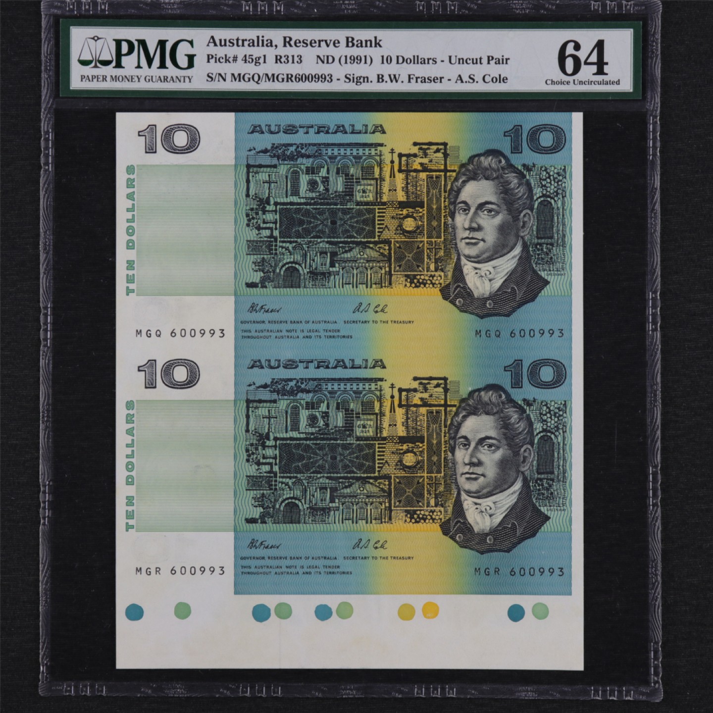 【亘邦集藏】第157期拍卖 1991年 澳大利亚连体钞10元 PMG 64 MGQ/MGR600993