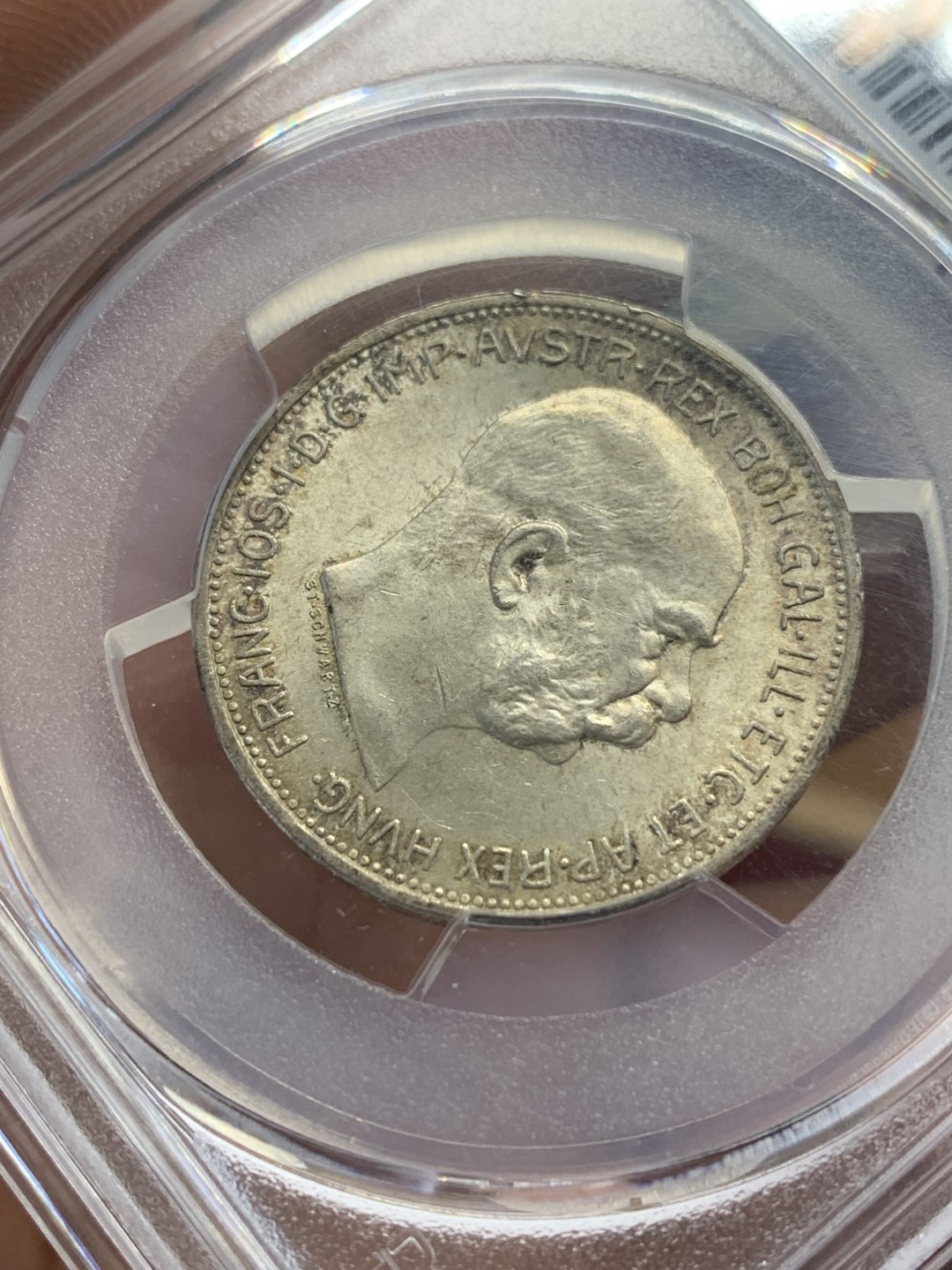 《竞宝斋》第159场-周日，周一 2场 (全场包邮) PCGS-MS64 1912年奥匈帝国2克朗奥地利版 这套银币里只有1克朗好品常见，MSd的2克朗和5克朗都少见，这枚黄油包浆带光，状态不错