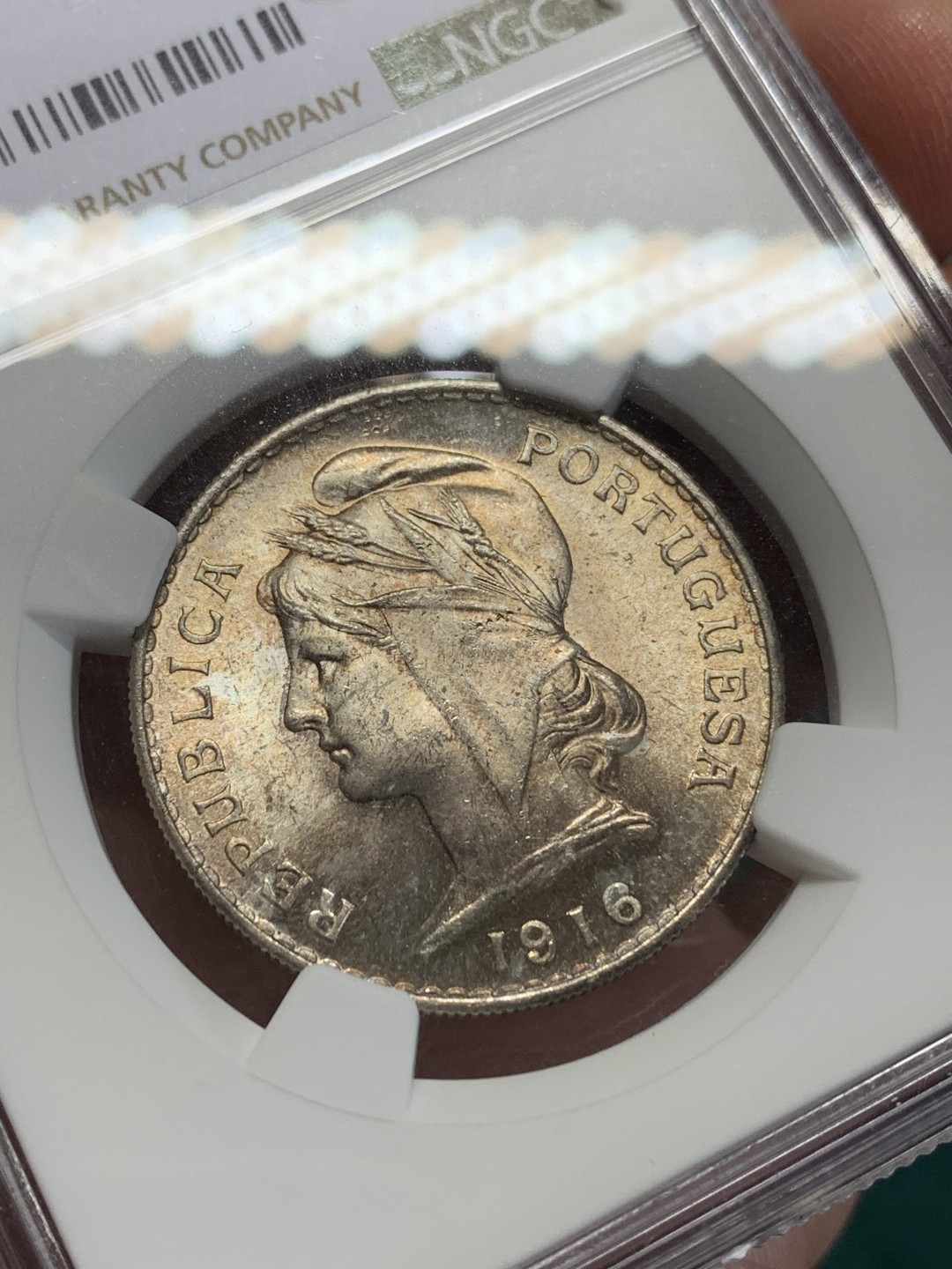 《竞宝斋》第159场-周日，周一 2场 (全场包邮) NGC-MS63 葡萄牙1916年 自由女神半圆 带彩包浆