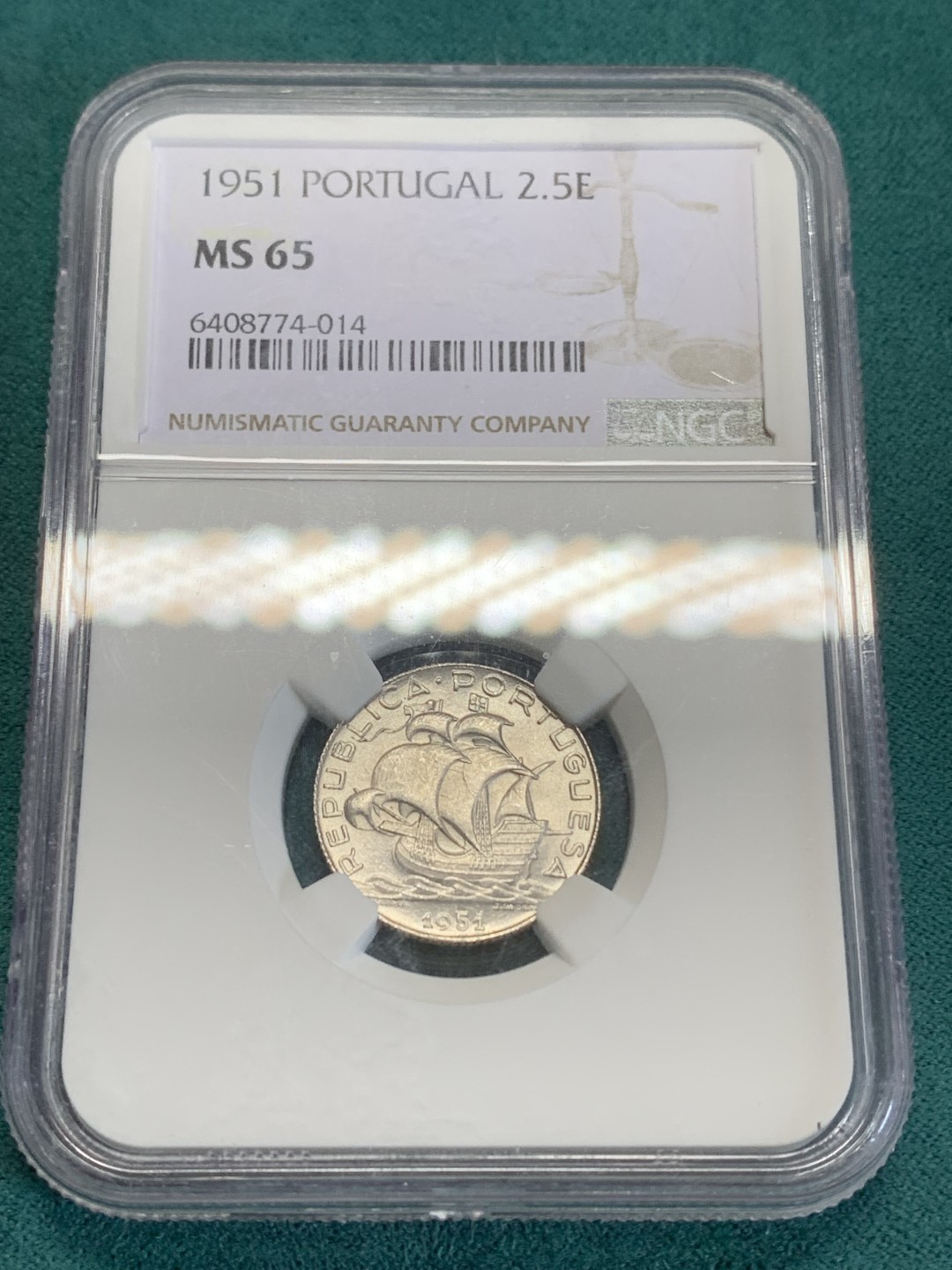 《竞宝斋》第159场-周日，周一 2场 (全场包邮) NGC-MS65 葡萄牙1951年 大帆船2.5盾银币 顶级品相