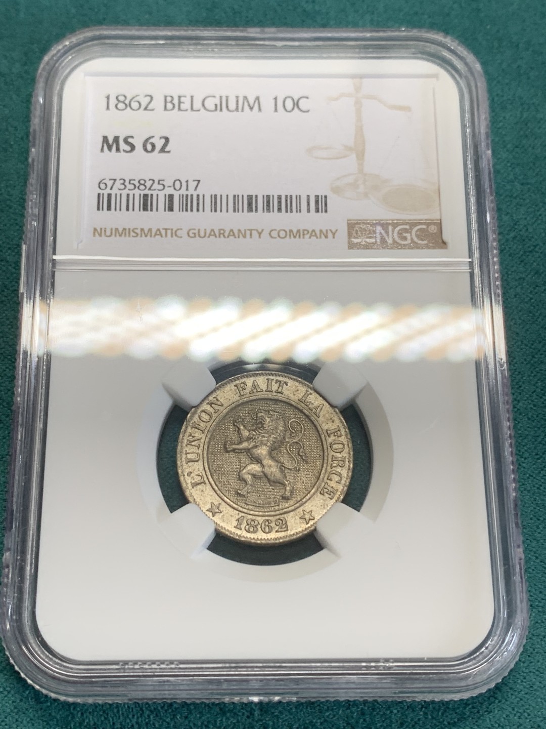 《竞宝斋》第159场-周日，周一 2场 (全场包邮) NGC-MS62 比利时1862年 狮子10分镍币 少见品种