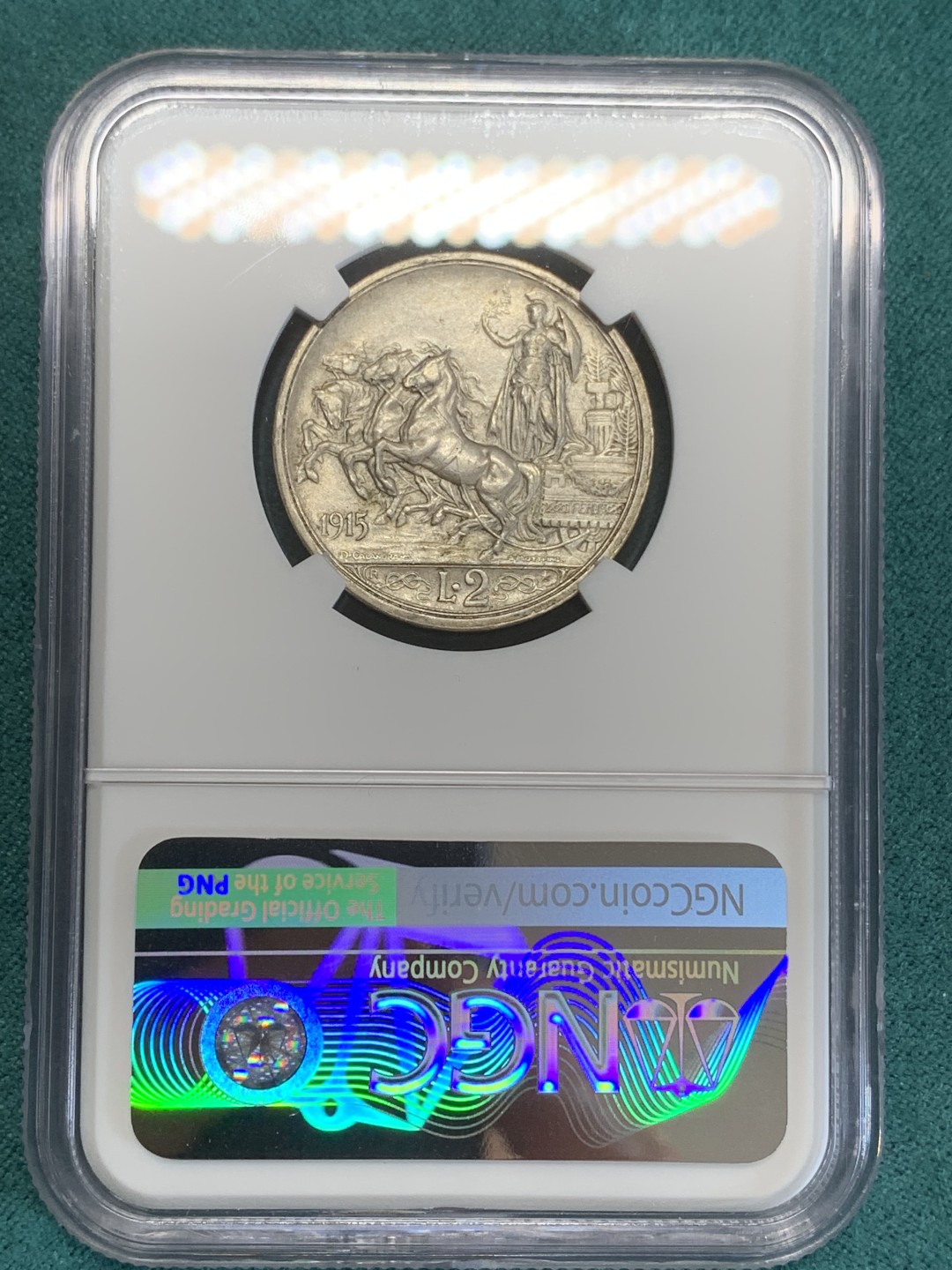 《竞宝斋》第159场-周日，周一 2场 (全场包邮) NGC-AU58 意大利1915年 胜利马车2里拉银币