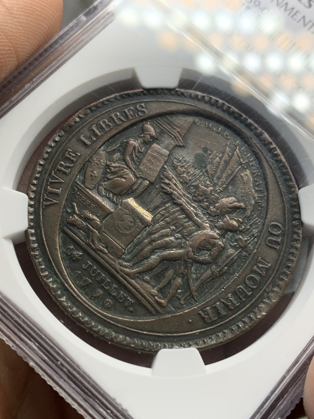 《竞宝斋》第159场-周日，周一 2场 (全场包邮) NGC-AUD 法国 1792年 5Sols 莫奈龙 青铜币 浮雕依旧清晰