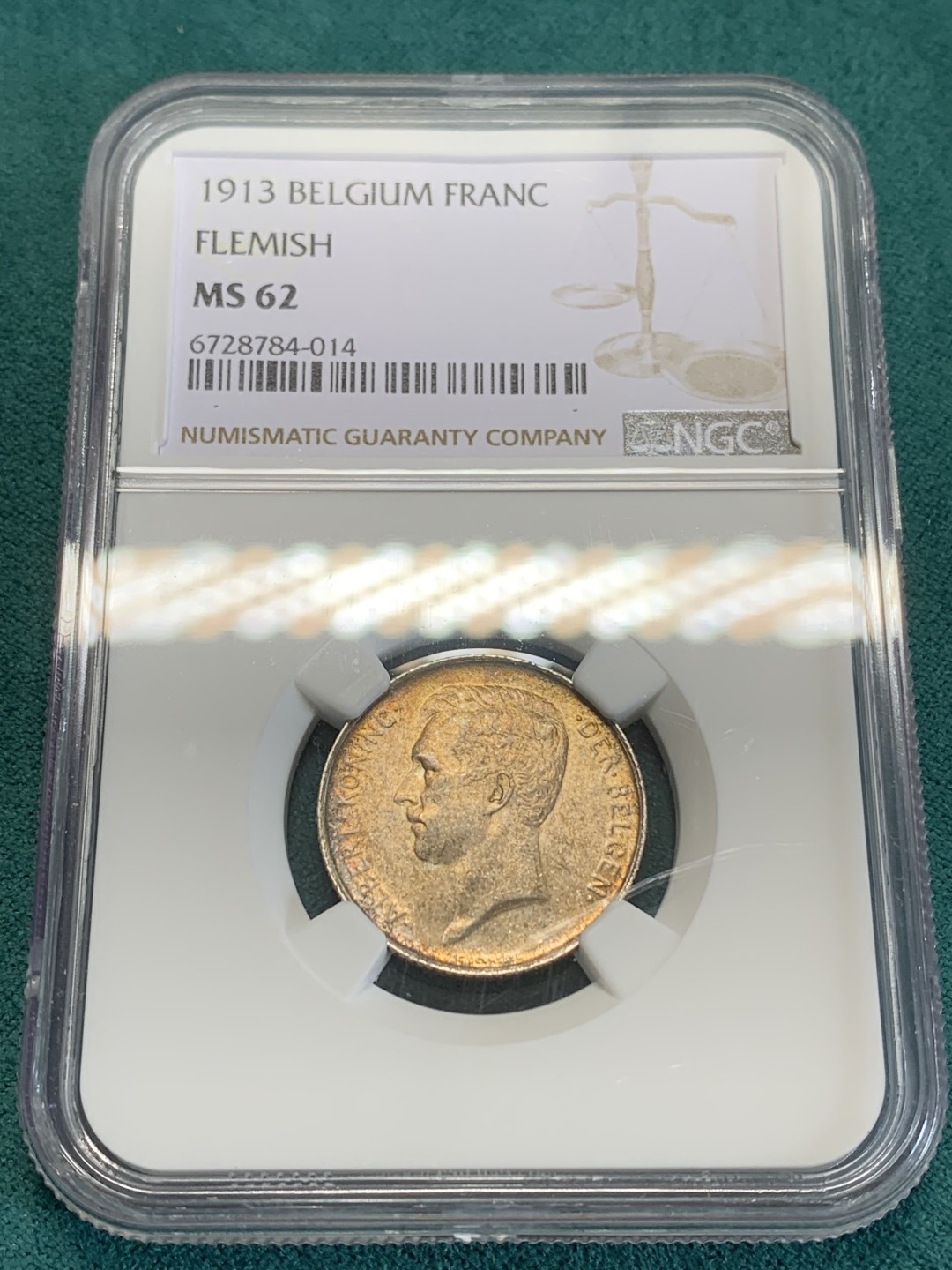 《竞宝斋》第159场-周日，周一 2场 (全场包邮) NGC-MS62 比利时1913年 埃尔佩托国王 1法郎银币 原味带包浆