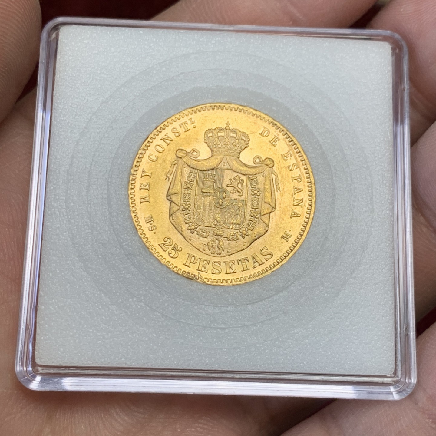 《竞宝斋》第159场-周日，周一 2场 (全场包邮) 1880年 西班牙金币 25比塞塔 8.06克 阿方索十二世 UNC底板状态很棒