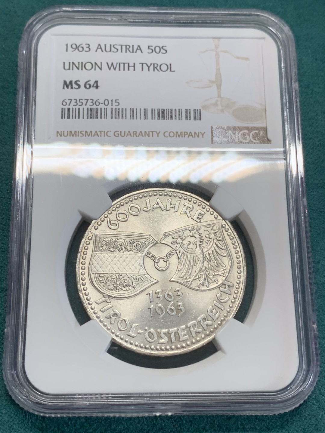 《竞宝斋》第159场-周日，周一 2场 (全场包邮) NGC-MS64 奥地利1963年 联盟纪念50先令大银币 好品好状态