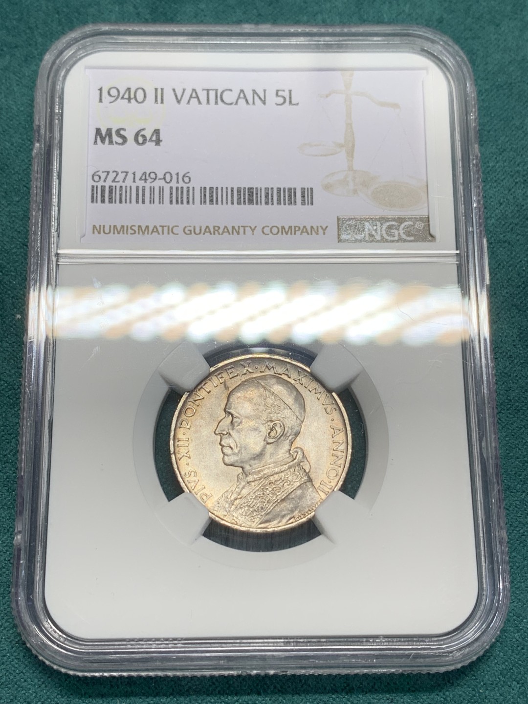 《竞宝斋》第159场-周日，周一 2场 (全场包邮) NGC-MS64梵蒂冈1940年5里拉银币 这品种能过63分真的不容易