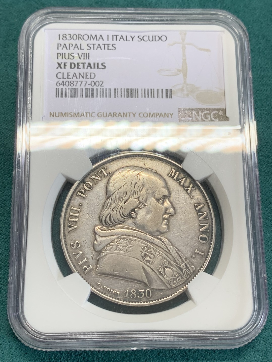 《竞宝斋》第159场-周日，周一 2场 (全场包邮) NGC-XF 梵蒂冈1830年 庇护八世 1斯库多大银币 老包浆居然说有洗没给分 可惜了