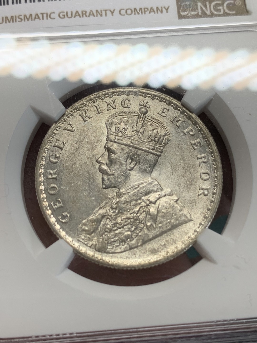 《竞宝斋》第159场-周日，周一 2场 (全场包邮) NGC AU58 英属印度 1917-C版 乔五 1卢比 银币 原味状态不错