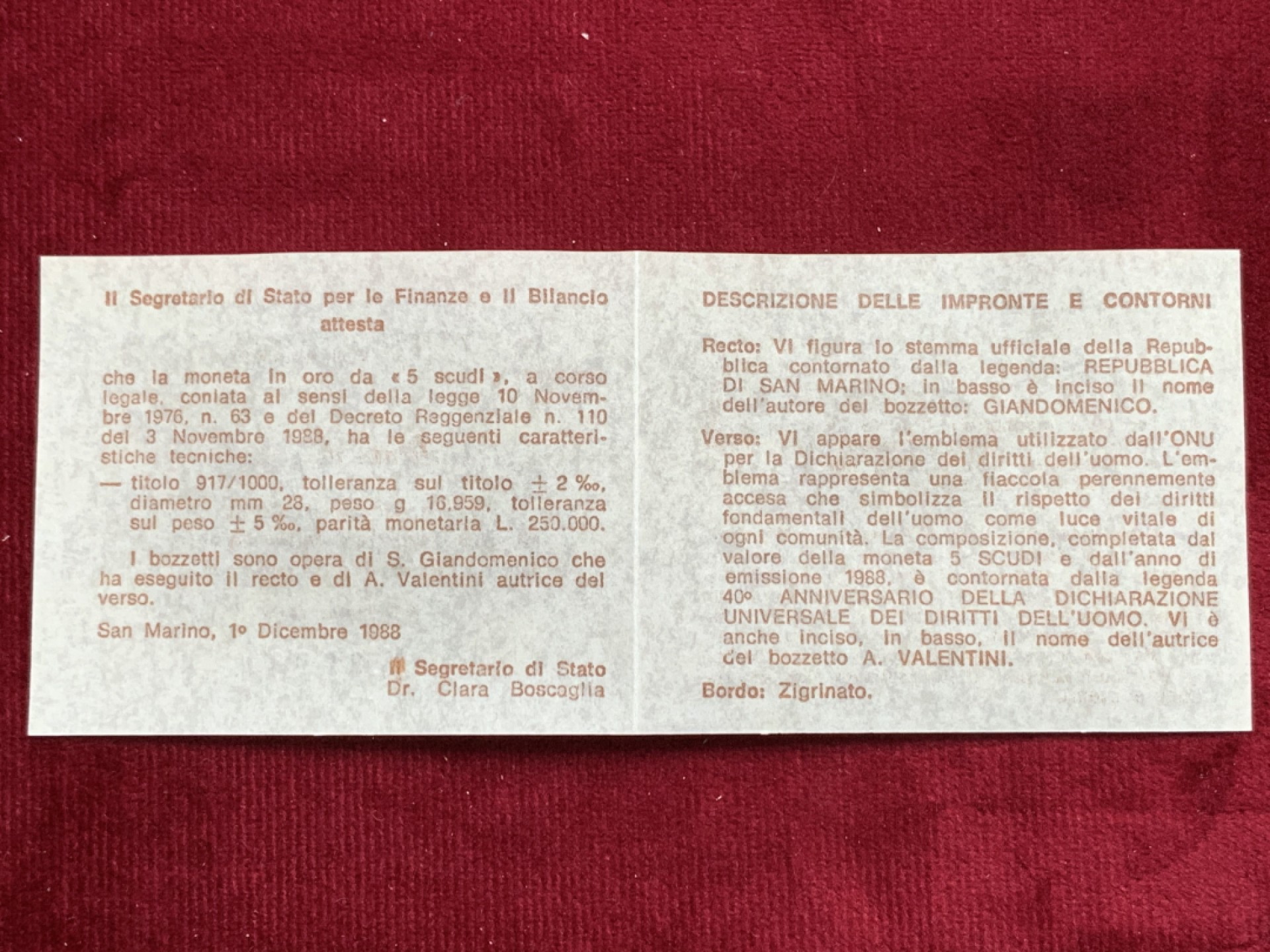 《竞宝斋》第159场-周日，周一 2场 (全场包邮) 原盒证书圣马力诺1988年 5斯库蒂金币 16.96克 917金
