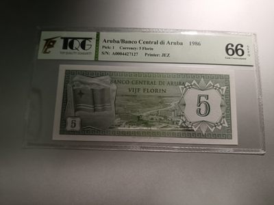 【专场20230425】套个壳子打个分，美观方便又安心——评级钞专场 - 【拍品002】阿鲁巴1986年5弗罗林TQG评级66gepq首冠A冠