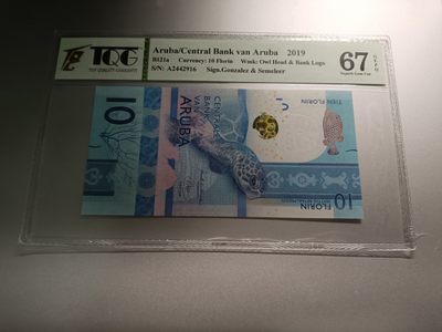 【专场20230425】套个壳子打个分，美观方便又安心——评级钞专场 - 【拍品003】阿鲁巴2019版10弗罗林TQG评级67gepq首发A冠