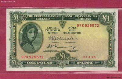 爱尔兰1镑 1975年 欧洲纸币 实物如图 UNC - 爱尔兰1镑 1975年 欧洲纸币 实物如图 UNC