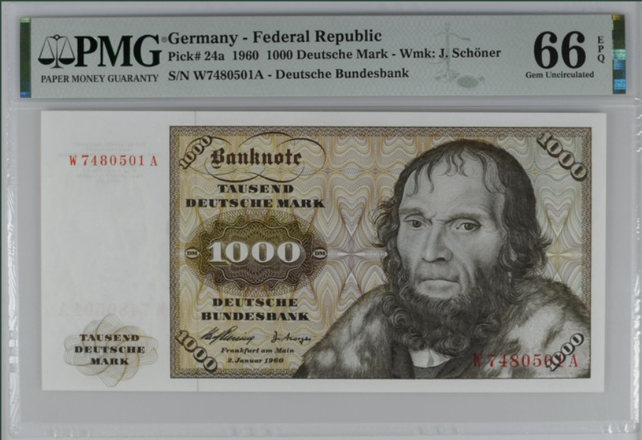 收藏联盟Quantum Auction 第254期拍卖  德国联邦1960年1000马克 PMG66 1960初版首发年 天文学家舍那