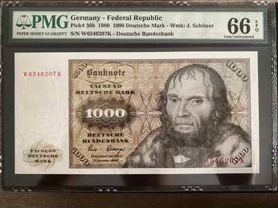 【Blue Auction】✨世界纸币精拍第318期——五一前奏 - 德国 1980年1000马克 舍那 经典 雕刻极致 PMG66EPQ