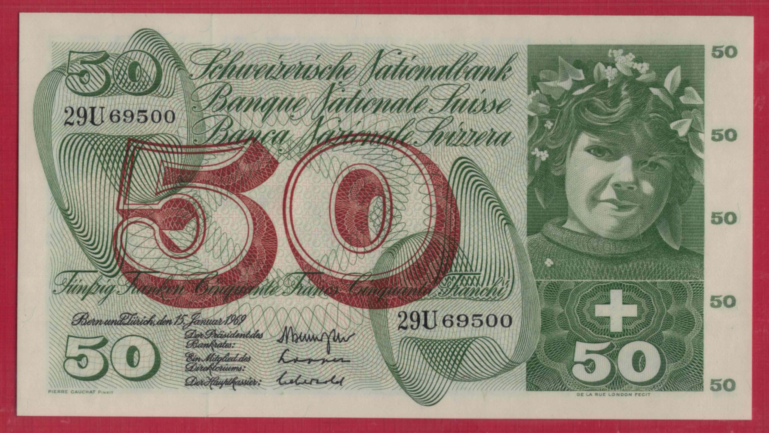 瑞士50法郎 1969年 P-48i 无47 00双尾 欧洲纸币 实物图 UNC