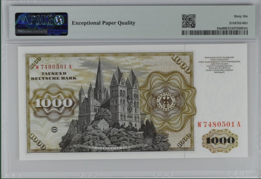 收藏联盟Quantum Auction 第254期拍卖  德国联邦1960年1000马克 PMG66 1960初版首发年 天文学家舍那
