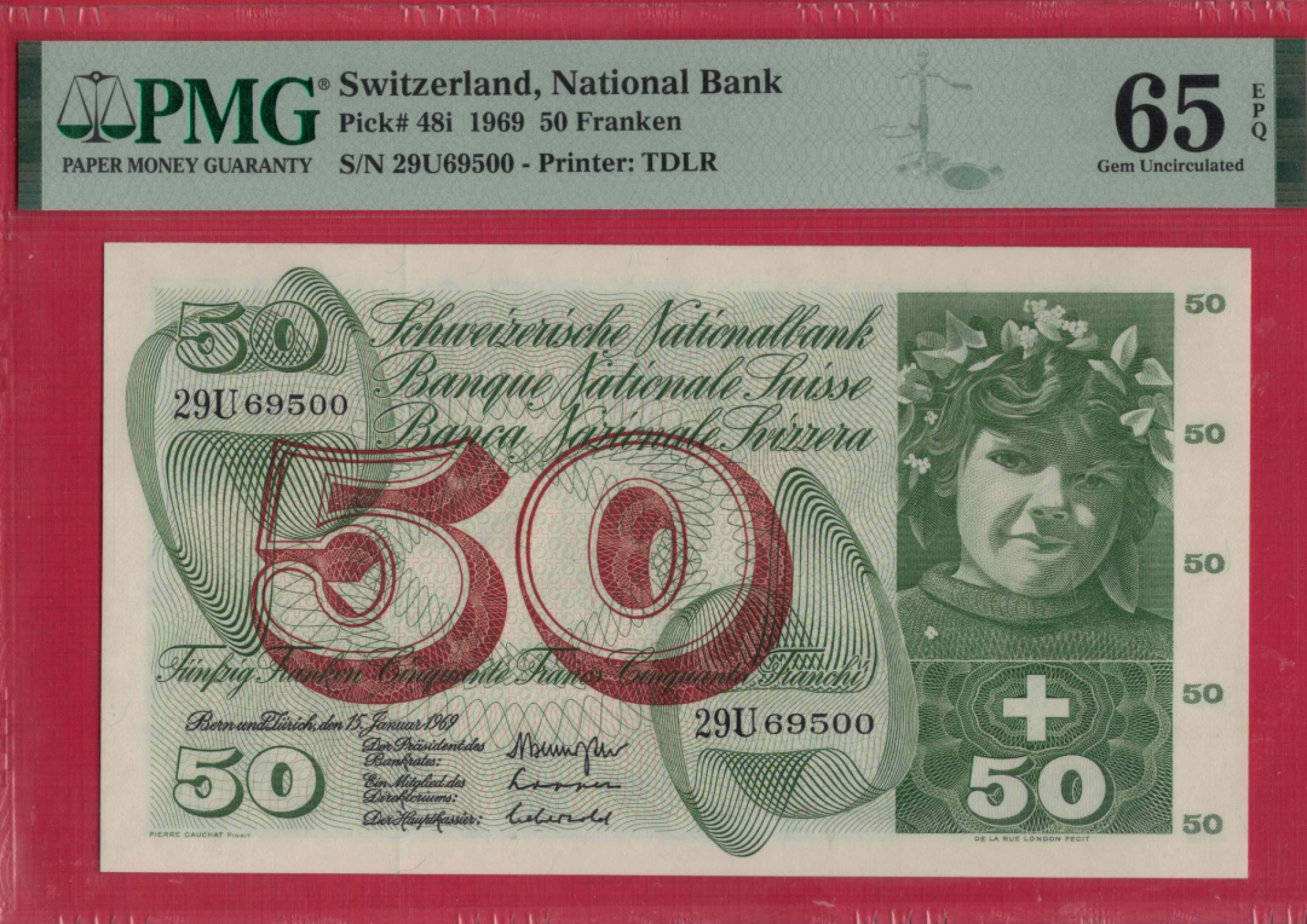 瑞士50法郎 1969年 P-48i 无47 00双尾 欧洲纸币 实物图 UNC