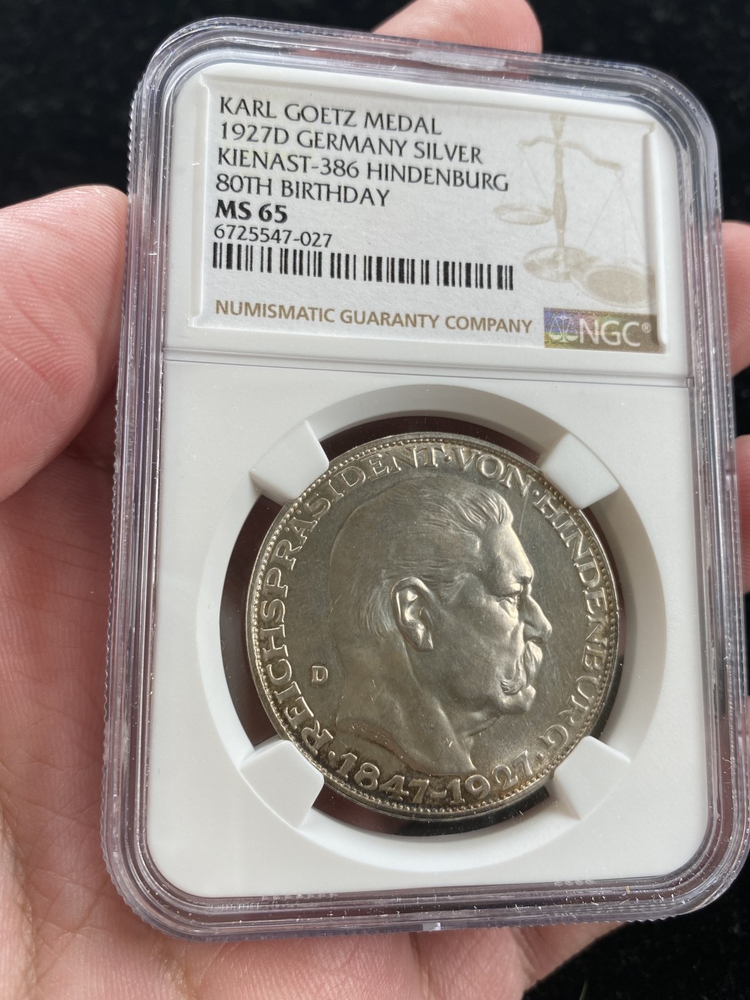 万国钱币拍卖第007期（慕尼黑第二夜） NGC-MS65 德国1927兴登堡八十大寿纪念币章，顶级品相。