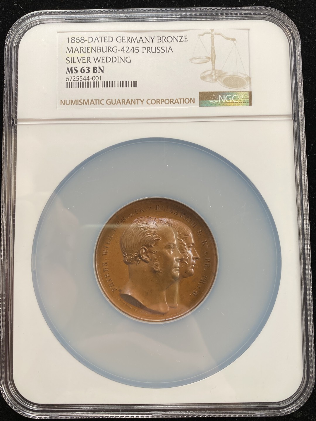 万国钱币拍卖第007期（慕尼黑第二夜） NGC MS63BN 1848年德国普鲁士威廉四世银婚纪念高浮雕大铜章，稀少，51MM 80G 唯一冠军分