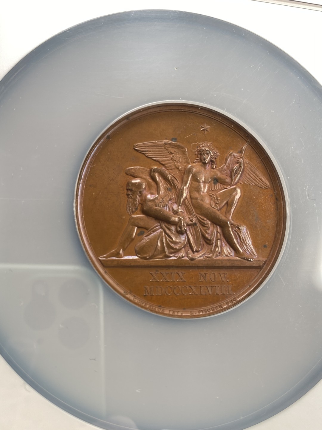 万国钱币拍卖第007期（慕尼黑第二夜） NGC MS63BN 1848年德国普鲁士威廉四世银婚纪念高浮雕大铜章，稀少，51MM 80G 唯一冠军分