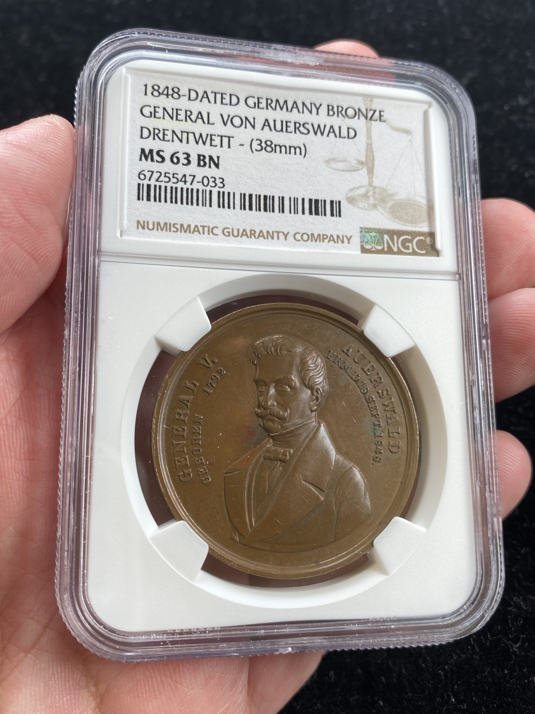 万国钱币拍卖第007期（慕尼黑第二夜） NGC MS63BN 1848年德国法兰克福纪念冯·奥尔斯瓦尔德将军逝世大铜章37MM 24G