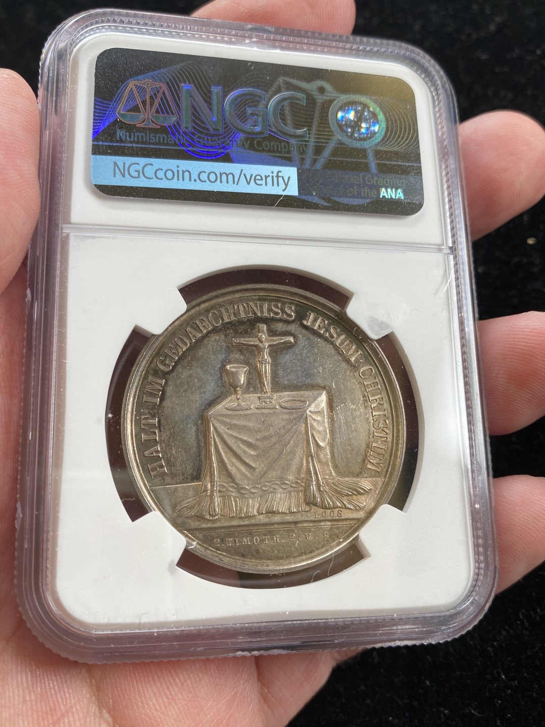 万国钱币拍卖第007期（慕尼黑第二夜） NGC MS61 1840年左右德国新教确认礼纪念大银章 高浮雕圣杯 圣经与十字