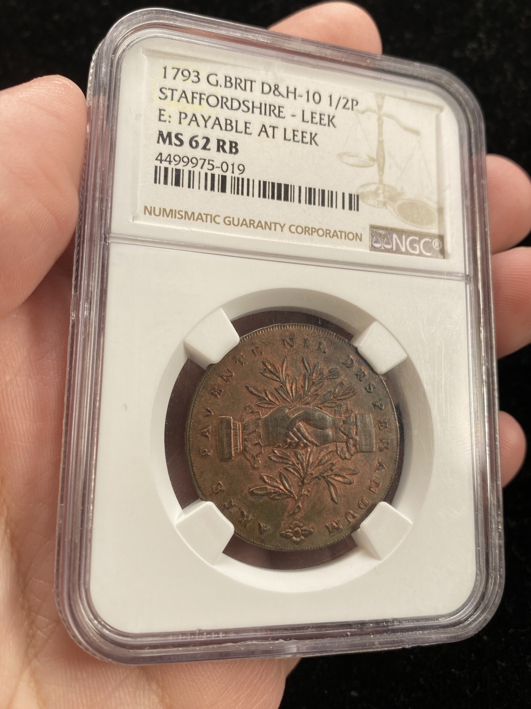 万国钱币拍卖第007期（慕尼黑第二夜） NGC-MS62RB 英国1793年斯塔福德半便士康德代币，NGC亚军分，名誉品种，红铜光难得。