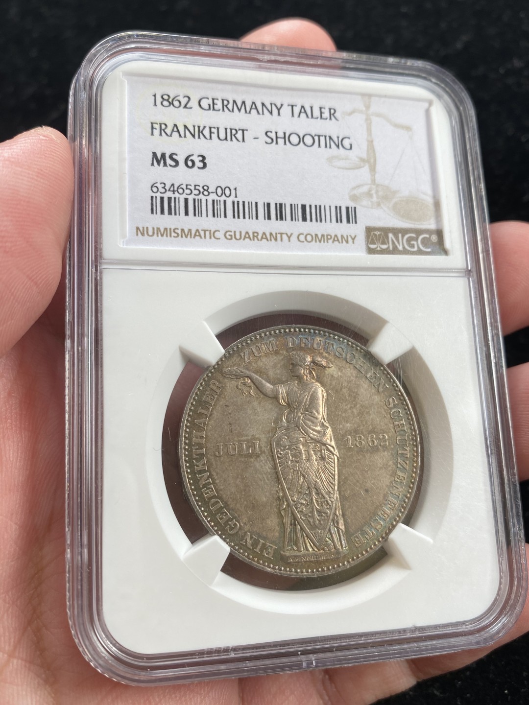 万国钱币拍卖第007期（慕尼黑第二夜） NGC-MS63 法兰克福1862射击节女神泰勒，双面五彩，可遇不可求的状态。