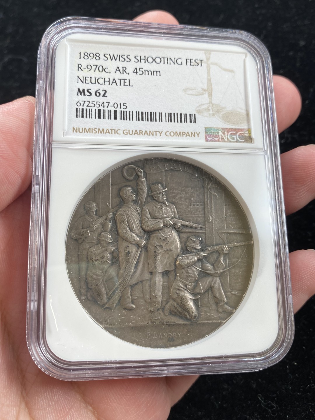 万国钱币拍卖第007期（慕尼黑第二夜） NGC MS62 1898年瑞士纳沙泰尔经典射击节大银章 45MM 38G