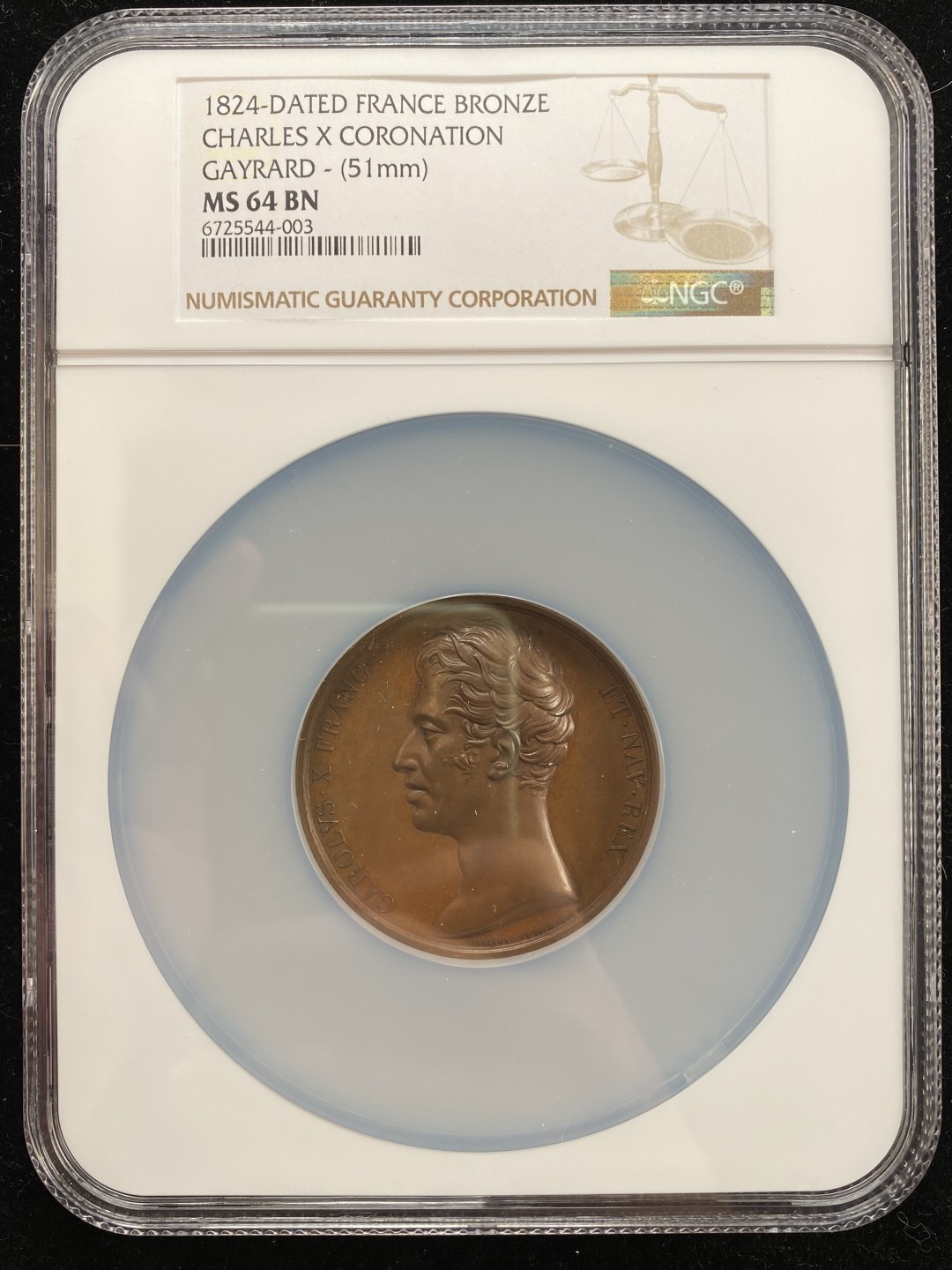 万国钱币拍卖第007期（慕尼黑第二夜） NGC MS64BN 1824年法国查理十世加冕纪念大铜章权杖与王冠版本较为少见 51MM