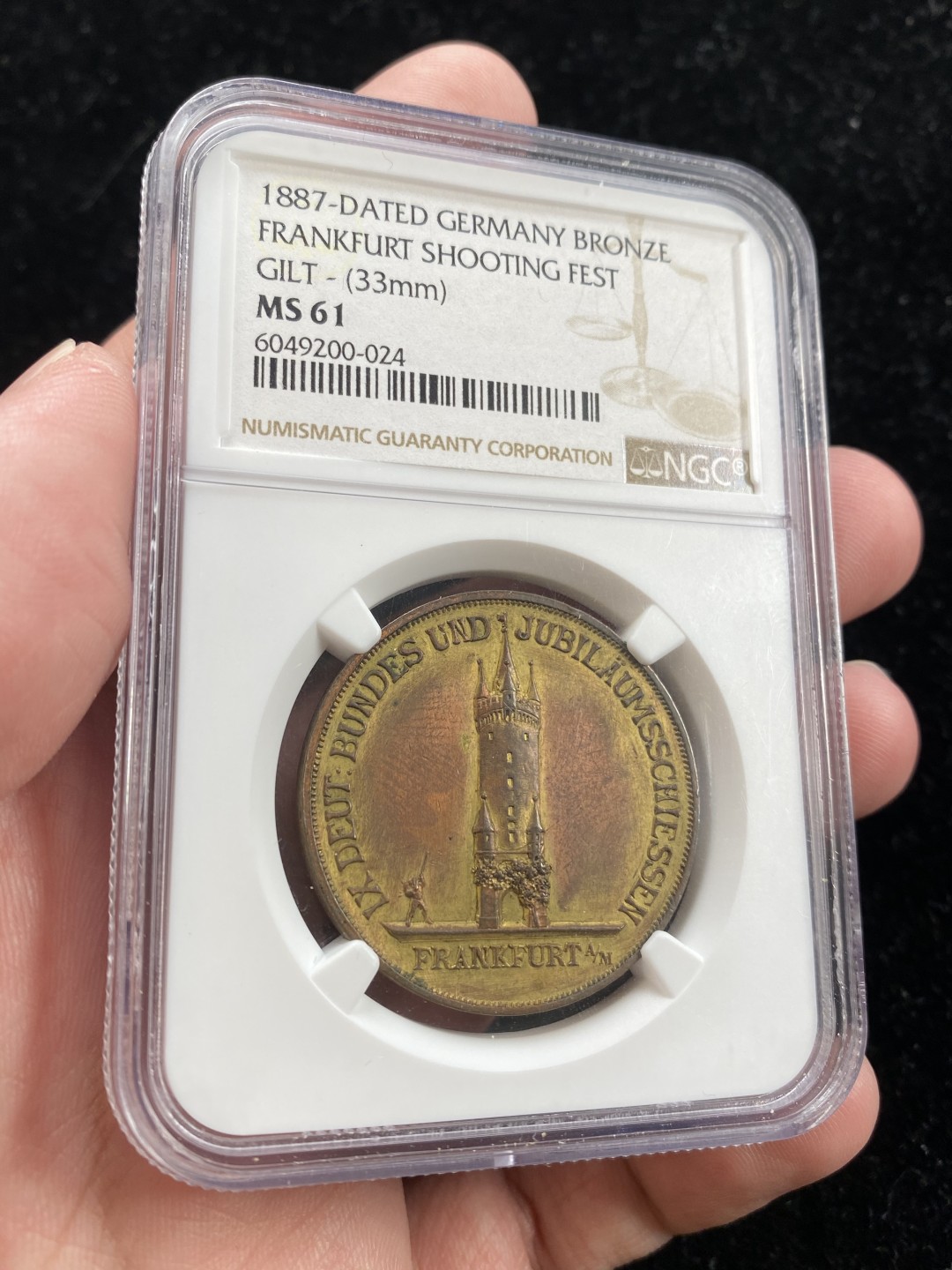万国钱币拍卖第007期（慕尼黑第二夜） NGC-MS61 法兰克福1887射击节镀金铜章，NGC唯一冠军，少见品种，德系射击节藏家必备。