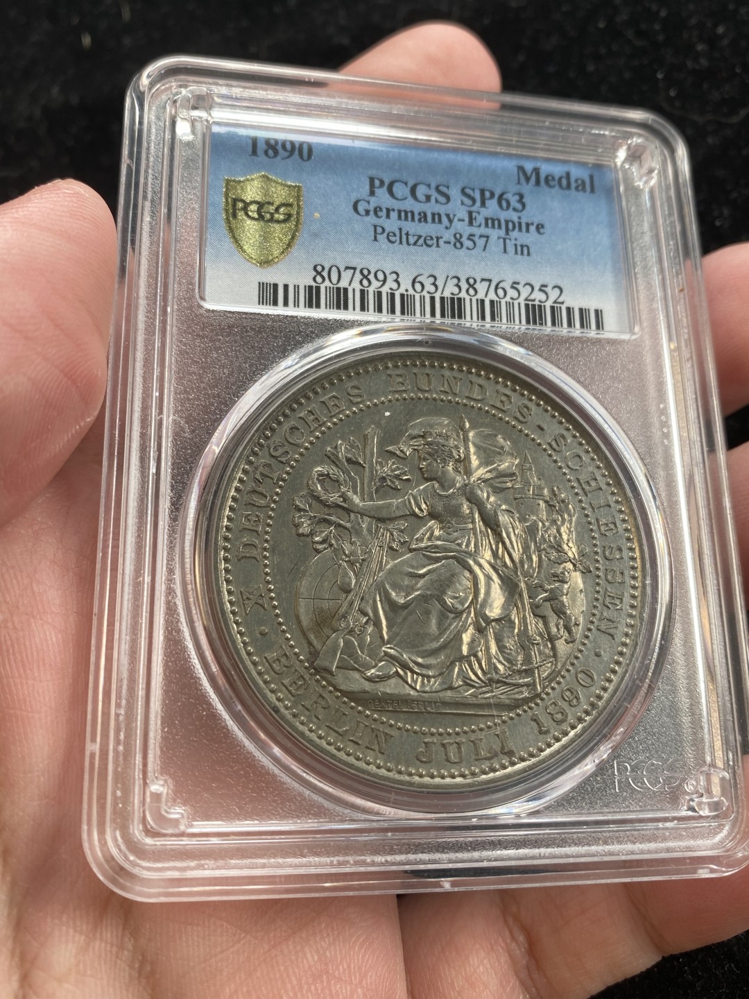 万国钱币拍卖第007期（慕尼黑第二夜） PCGS-SP63 德国1890年柏林射击节锡章，罕见品种，PCGS唯一记录，德射锡章少见，因保存不易，好品更加难得。