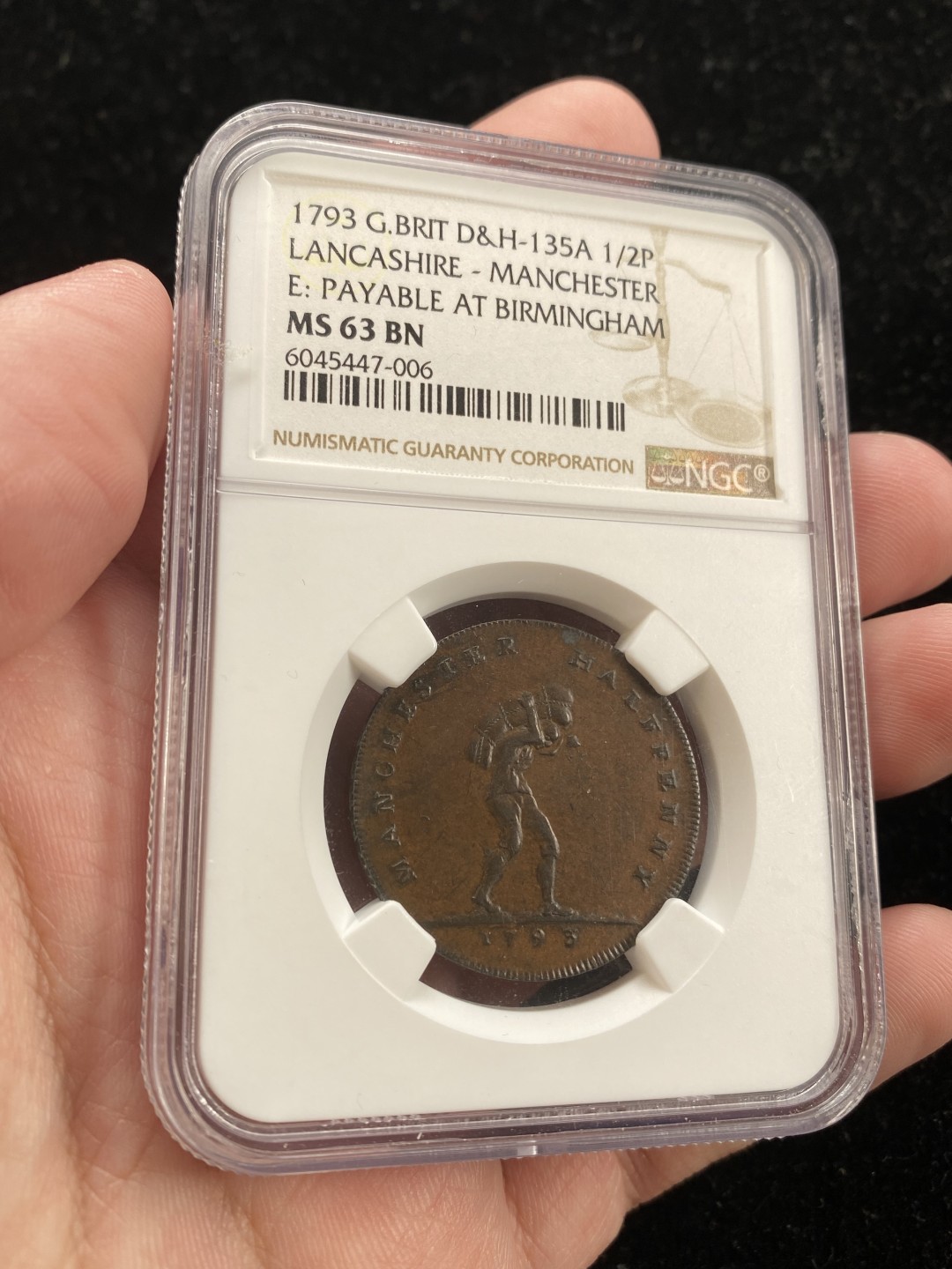 万国钱币拍卖第007期（慕尼黑第二夜） NGC-MS63BN 英国1793年斯塔福德郡半便士康德代币，NGC冠军分，名誉品种，正面劳工，背面站狮，收藏级别。