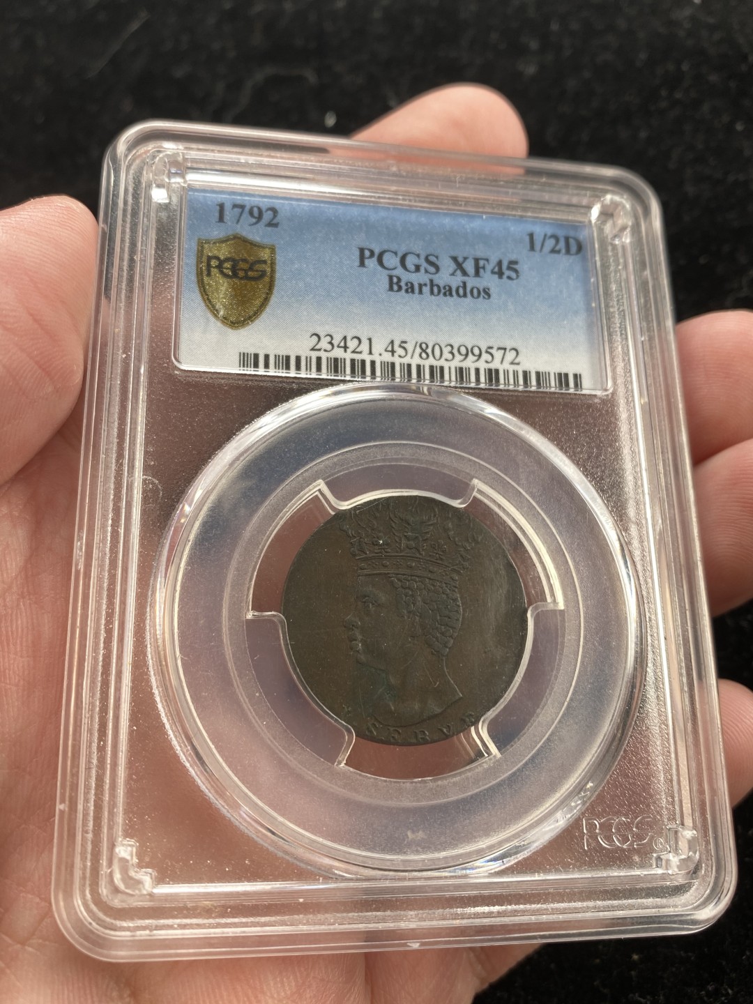 万国钱币拍卖第007期（慕尼黑第二夜） PCGS-XF45 巴巴多斯1792年海神半便士，巴巴多斯名誉品，菠萝头+海神，巧克力包浆，味道极好。