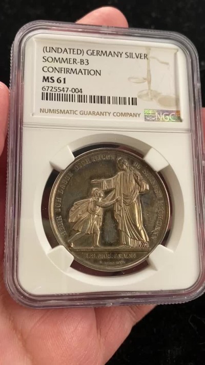 万国钱币拍卖第007期（慕尼黑第二夜） NGC MS61 1840年左右德国新教确认礼纪念大银章 高浮雕圣杯 圣经与十字