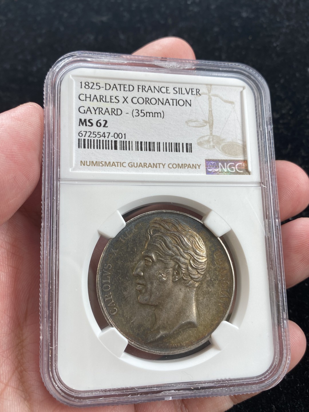 万国钱币拍卖第007期（慕尼黑第二夜） NGC-MS62 法国1825查理十世加冕纪念银章，五彩高浮雕。